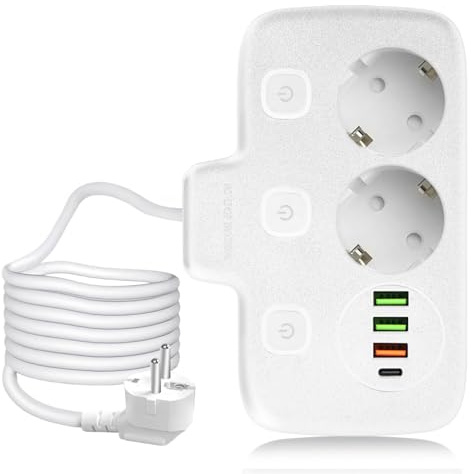 Anluomafuy Ciabatta Multipresa Elettrica con Interruttori Indipendenti, Multipresa a 6 Posti, 2 Schuko, 3 USB-A e 1 USB-C, 2500W 10A, Prese Angolate a 45°, Cavo 2m, Interruttori Indipendenti