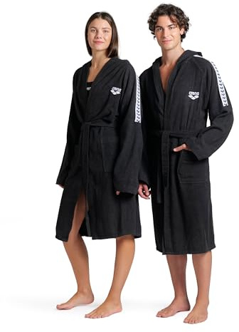ARENA Team Stripe Unisex Bathrobe with Tie Belt and Pockets Soft Warm Robe for Pool Sauna Spa or Post Workout Comfort, Black/White, Size Medium