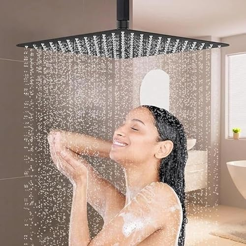 JUNSOTTOR Alcachofa de ducha con efecto lluvia LED, 40 x 40 cm, con cabezal de ducha de lluvia y cambio de color, color negro, sistema de ducha empotrable de latón, antical de acero inoxidable
