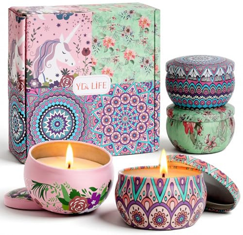 YDLIFE Geschenke für Frauen, Duftkerzen Geschenkset 4 Stück in Metall-Dosen, natürliches Sojawachs, Baumwolldocht rußfrei, 10% ätherische Duftöle, Geschenk für Partys, Hochzeiten, Geburtstage