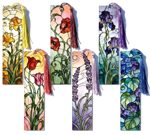 Runovate 6 Pcs Flower Bookmarks for Women, Reading Accessories Include Acrylic Pretty Bookmark Multipack with Tassel, Book Lover Gifts for Reader Student Teacher Women Girl