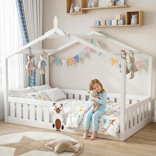 CUPCHID Toddler Bed,205 * 95 CM Kids Bed,Wooden Bed Toddler Solid Pine Wood Modern Children Kids Junior Bed（Frame White）