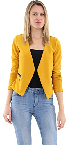 Malito – Dam blazer långärmad – enfärgad jerseyblazer – kort basjacka – sweatblazer med dragkedja – väska – skräddarsydd kavaj 6040 (storlek S-XXL), Mörkgul, S