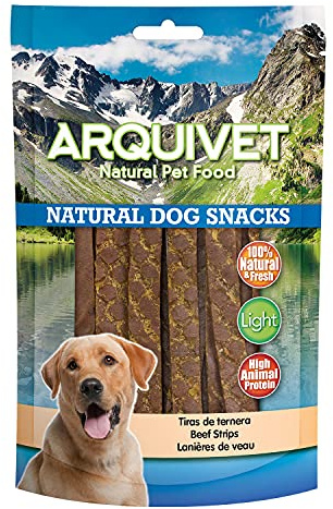 Arquivet Pack 12 Unidades Snack Tiras de Ternera 100 gr - Natural Dog Snacks - 100% Natural - Chuches, premios, golosinas para Perros - Producto Light - Muy Rico en nutrientes