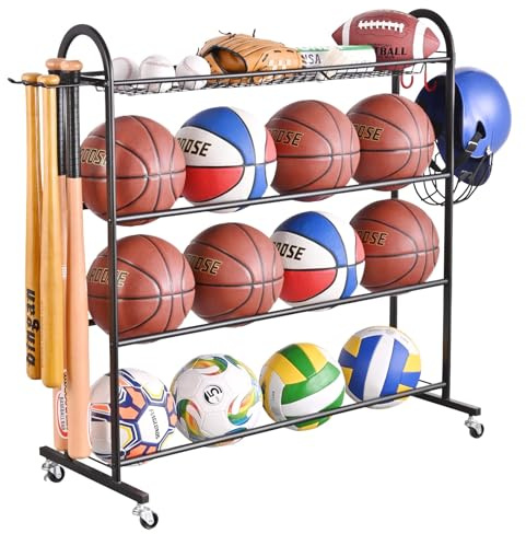 PLKOW Basketball Rack, Rolling Ball Storage with Baseball Bat Holder and Hooks, Sports Equipment Storage with Wheels for Volleyball, Football and Basketball Accessories, Powder Coated Steel