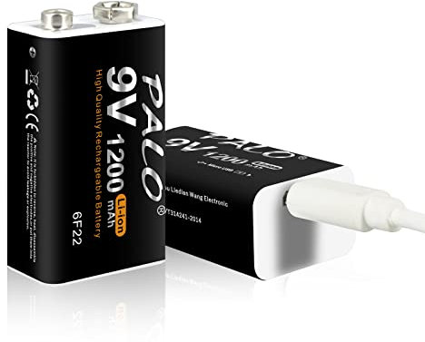 CITYORK Batería Recargable USB de 9 V, 1200 mAh de Alta Capacidad 6F22 batería de Iones de Litio para alarmas de Humo, Guitarra, cámaras, walkie talkies, mandos a Distancia de Juguete (Paquete de 2)