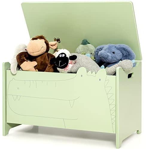 COSTWAY Caja de Almacenamiento de Juguetes de Madera, Cajón Infantil con Bisagra de Seguridad, Caja Infantil con Asas, Organizador de Niños para Dormitorio, Salón y Recibidor 33x60x37,5cm (Verde)