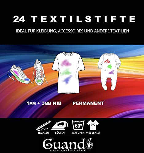 Guando 24er Textilstifte-Set: Waschmaschinenfest & Kinderfreundlich, Doppelspitze Textilmarker, Permanent & Ungiftig, Ideal für T-Shirts, Taschen, Schuhe – Vielfältige, Leuchtende Stoffmalfarben