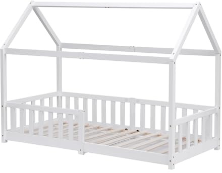 FurnitureHMD Treehouse Style Bed Frame,Solid Pine Wood, Single Bed Frame,Floor Bed Frame for Boys and Girls,Bedroom Furniture (white)
