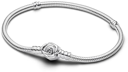 Pandora Moments Blühende Rose Verschluss Schlangen-Gliederarmband aus Sterling Silber, Kompatibel mit Pandora Moments, Größe:23, 593211C00-23