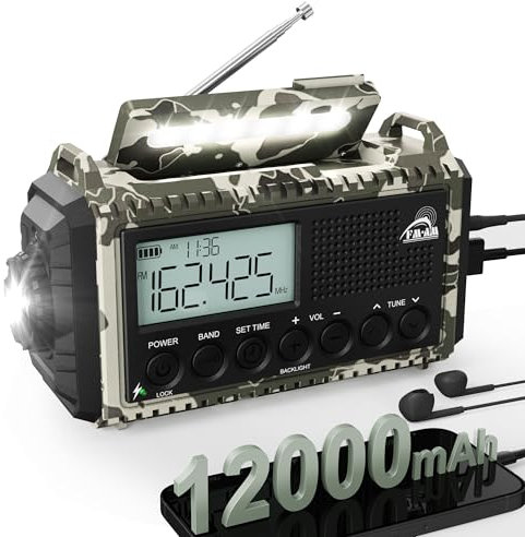 Radio Solar Portatil, Pilas Emergencia 12000mah Bateria Recargable, FM/Am/SW, Lámpara Lectura, Linterna, SOS, USB/Tipo C, Radio Dinamo para Acampar, Senderismo, Equipo de Emergencia para Camping