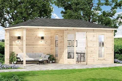 Alpholz All-Inclusive 5-Eck GartenHaus mit Terrasse inkl. Montage Gartenhaus aus Holz, Holzhaus mit 28 mm Wandstärke inklusive Terrasse, Blockbohlenhaus mit Montagematerial