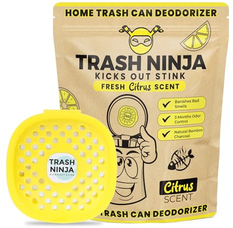 Trash Ninja Bin Freshener - Bin Odour Eliminator with Activated Charcoal, Reusable Bin Deodoriser and Freshener, Stick On Air Freshener for Bins, Bin Smell Eliminator with a Fresh Citrus Scent