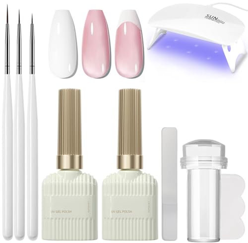 French Manicure Nail Polish Kit, Jelly Pink and White Gel Nail Polish Set, French Manicure Kit with 3Pcs Nail Art Pen, UV/LED Lamp and Nail Stamper, Jelly Nail Varnish Gel Kit Women Nail Art Home