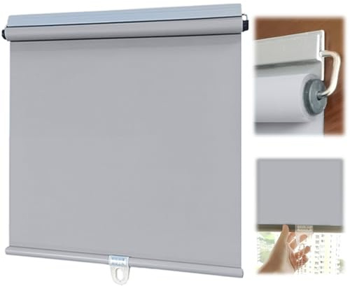 Cordless Blackout Roller Shades for Windows No Drill Spring Blinds with Free-Stop, Thermal Insulated & Waterproof Polyester, Self-Adhesive Lightweight Roll Up for Bedroom Office Living Room(Gray,42''W