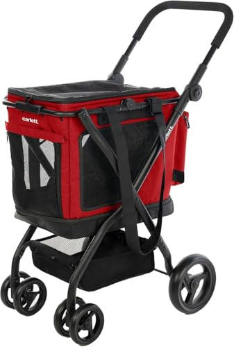 Carlett Carrito de Mascotas 3 en 1 Ruedas Giratorias 360º, Resistente al Agua, Transportín Compatible con Asiento de Coche, Cubre Lluvia y Correa de Seguridad, Cube P, Color Rojo