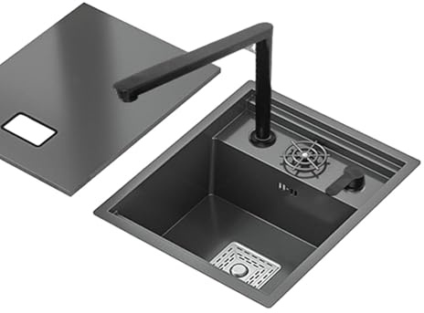 Lavello da cucina nero a vasca singola salvaspazio invisibile per bar, lavello RV per camper a vasca singola con coperchio, piccolo lavello da incasso con sifone, rubinetto multifunzione in acciaio