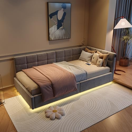 Cama individual de 90x200 cm con espacio de almacenamiento,cama con LED,Cama de esquina de boxspring cama tapizada con espacio de almacenamiento hidráulico,marco de cama con somier de madera (gris