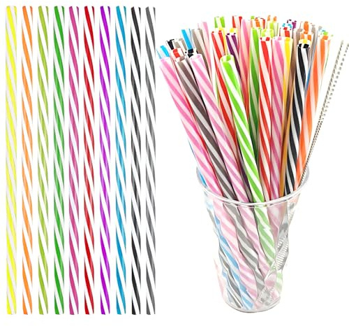 Reusable Thick Plastic Straws-20 PCS | Colorful Stripe Hard Plastic Drinking Straw for Mason Jar Tumbler,Mexican Cinco De Mayo Fiesta Party Supplies Decorations-9 Inch Two-tone Striped Straw