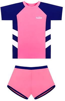 Girls 2-Piece Rash Guard Swimwear Set, Short Sleeve Swim Top and Shorts, Kids Swimming Costume for Beach and Pool, Ages 6–14 Years (6-8 Years, LA732-Pink)