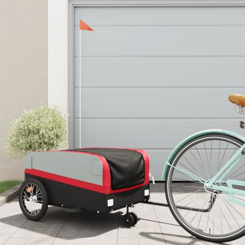 Runheo Remolque de bicicleta negro y rojo, hierro resistente, carga de 45 kg, plegable con bandera de seguridad, acoplamiento para bicicleta eléctrica y niños, ideal para el transporte