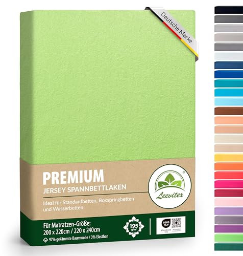 leevitex® Premium Wasserbett & Boxspringbett Spannbettlaken | Spannbetttuch | 200 x 220 bis 220 x 240 | 97% Mako-Jersey-Baumwolle | 3% Elastan | Apfelgrün/Hellgrün | 195 g/m²
