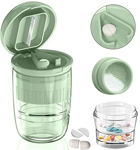Pill Cutter Splitter with Dispenser, Pill Cutter for Small or Large Pills, Crushes Pills, Vitamins, Tablets, Stainless Steel Blade, Removable Drinking Cup (Green-1)