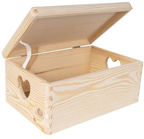 Creative Deco Large Plain Wooden Storage Box | 30 x 20 x 14 cm (+/-1cm) | Hinged Lid & Heart Handles | Unpainted Gift Christmas Xmas Box Kitchen Storage | UNSANDED Wood Keepsake Memory Craft Chest