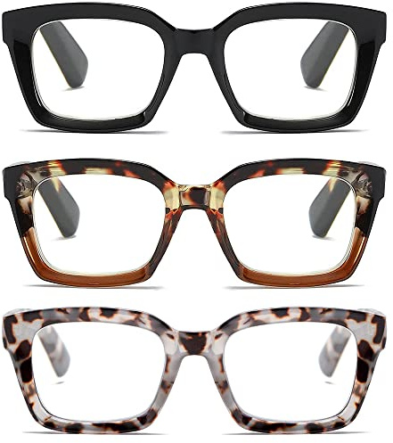 Fsread 3 Packs Oversized Reading Glasses For Women Blue Light Blocking Computer Readers Retro Spring Hinge +1.75