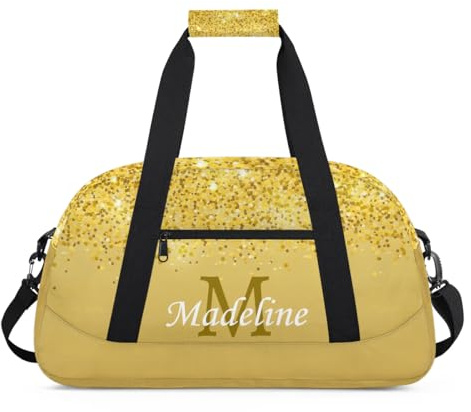 OMFUNS Personalized Kids Sports Duffel Bag with Name Custom Weekender Overnight Bag for Boys Girls Gym Bag Travel Dance Gymnastics Duffel Bag, Gold Glitter