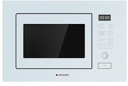 Aspes Microondas 20 Litros Integrable con Grill Cristal blanco AMWI2800DGB. 800W, Grill 1000W, 8 Programas, Modo Descongelación, Revestimiento Interior, Fácil Limpieza, Temporizador 95min.