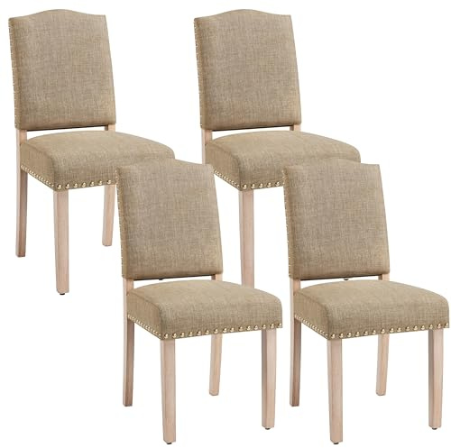 Yaheetech Lot de 4 Chaises de Salle à Manger à Haut Dossier Chaises de Cuisine Pieds en Bois Massif Design Classique avec Boutons Bronzés Fauteuils et Chaises pour Salon Sièges Rembourrés Kaki