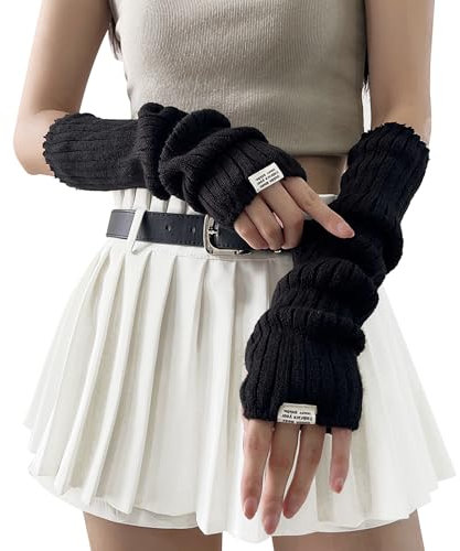 CIATBYYJ Y2K Manchettes pour manches longues sans doigts pour filles, blanc mignon Harajuku tricoté, accessoires gothiques, punk, hip-hop, Noir , 37.5×7.5cm/14.7×2.95inch