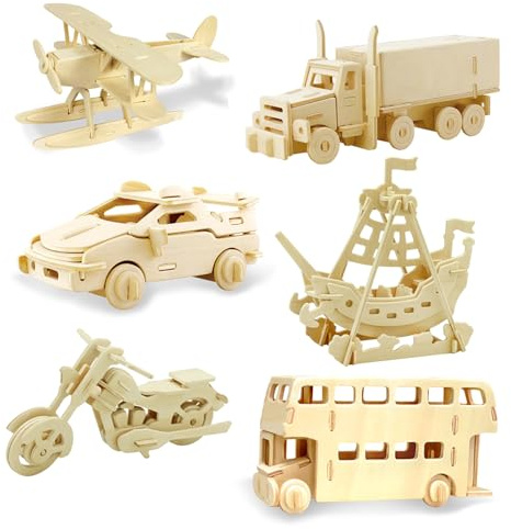 Georgie Porgy 3D Wooden Puzzles for Kids Toys Construction Woodcraft Kits DIY Model Puzzle Kits Birthday Gifts Pack of 6 (Airplane Bus Sports Car Pirate Ship Truck Motorcycle)