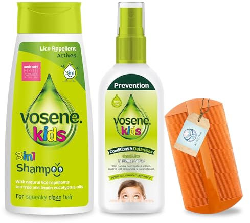 Vosene Kids 3-in-1 Lice Repellent Shampoo 250ml, Apple & Lemon Head Lice Defence Spray 150ml with Nit Comb – Natural Head Lice Treatment for Children, Nit Repellent Spray, Lice Shampoo for Kids