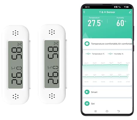 WLAN-hygrometer temperatursensor, digital mini-inomhustemperatur och fuktighetssensor, växthus-källarrum-temperatur- och fuktighetssensor, appfjärrkontroll – 2 stycken