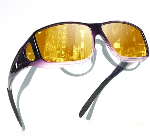TJUTR Night Driving Over Glasses for Men Women Anti Glare Night Driving Glasses Wrap-Around Polarised Glare Guard Fit Over Glasses
