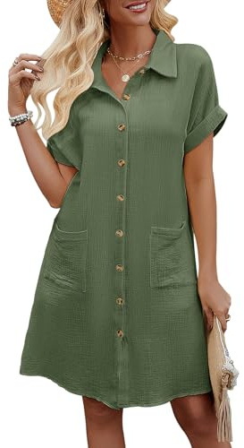 PASUDA Strandöverdrag Dam Strandklänning Sexig Bikini Cover Up Sommar Button Down Skjorta V-ringning Bomull Blus Strandöverdrag Avslappnad Stranddräkt Lång Blusar, Grön, XL