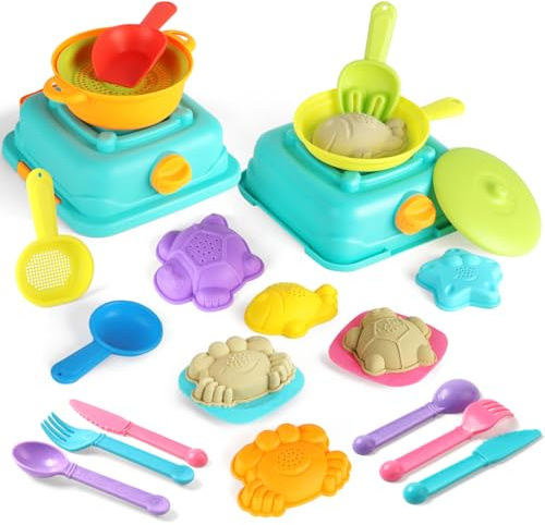 Yrkidstoi Beach Sand Toys for Toddlers, Seaside Sand Cooking Play Set, Kids Sandbox Toys with Sand Molds and Shovels, Mesh Bag, Baby Boys Girls Outdoor Toys Travel Beach Essentials