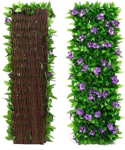 Konstgjorda löv, insynsskydd for trädgården, insynsskyddshäck, spaljé, dekorativ konstgjord murgrönapanel, konstgjorda häckar, 30 x 180 cm, förlängd, lila blommor, 2 stycken