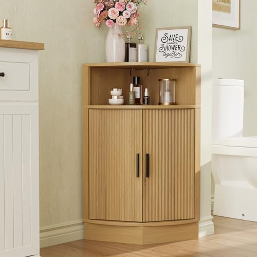 FiveWillowise Fluted Corner Cabinet, Modern Small Corner Cabinet with Wooden Fluted Door and Open Shelf, Space Saver for Bathroom, Living Room, Kitchen, Natural