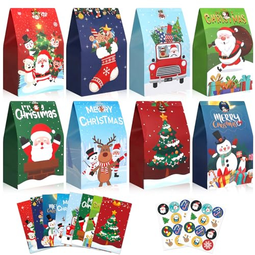 RICEDUO 24 Pack Christmas Craft Paper Treat Bags, 8 Assorted Christmas Designs Party Favors Bags with 24 Pieces Cute Stickers, Small Xmas Gift Bags for Holiday Party Decorations, 22x13x8 CM