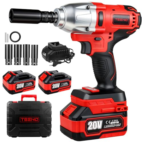 TEENO Llave de impacto, inalámbrica,1/2 Pistola de Impacto Bateria 600 Nm con batería de 2x4.0Ah, llave de impacto con 4 boquillas(17/19/21/22mm), giratoria para coche y uso