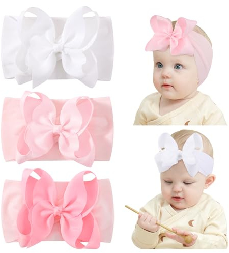 Lot de 3 bandeaux élastiques en nylon pour bébés et filles, accessoires pour cheveux pour nouveau-nés, nourrissons, tout-petits et enfants, rose et blanc