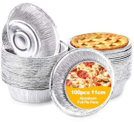 Hejo 100 Pack Round Aluminium Foil Pie Dishes, 11cm Diameter Small Pie Tins for Oven, Air Fryer, Microwave, Fridge & Freezer, for Baking Mince Pies, Quiches, Tarts, Pastries and Cakes