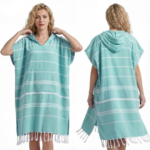 Twistover 1 Pcs Large Turkish Cotton Towel Poncho Surf Poncho Hooded Changing Towels Wearable Beach Towel Swim Robe with Pocket for Adult Men Women Beach Pool (Mint)
