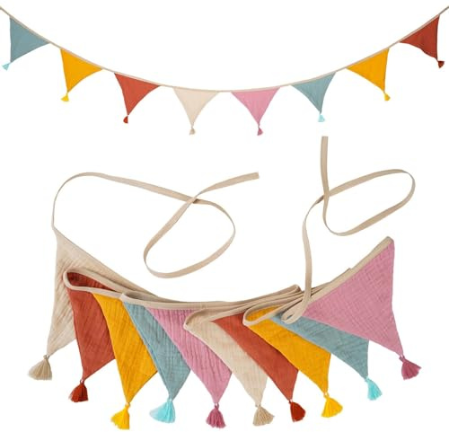 Guirnalda Banderines para Habitación Infantil con Borlas, 2,6 m, Banderines de Tela para Cumpleaños, Triangulares Banderolas para Cumpleaños, Fiestas, Dormitorio, Habitación Infantil