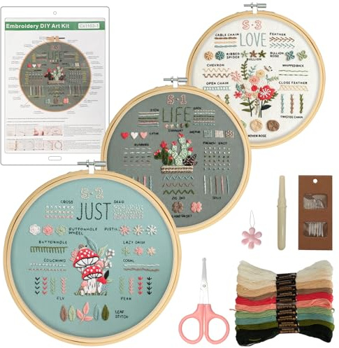 VINATO Kit de Broderie Débutant Complet – 34 Points, 3 Motifs Floraux, Cercle Bambou 20 cm, 10 Fils, Accessoires – Set pour Apprendre la Broderie, Idée Cadeau DIY Adultes