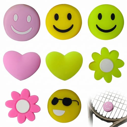 8 Pièces Amortisseur Raquette de Tennis en Silicone, Antivibrateurs Tennis Motif Sourire Cœur Fleur, Anti Vibration Raquette Tennis pour Enfant et Adulte, Accessoires de Sport Multicolores