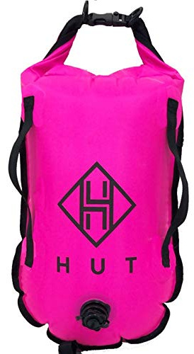 HUT Swim Buoy Dry Bag - Premium Tow Float and Watertight Dry Bag for Open Water Swimmers, Triathletes. High Visibility Safety Swim Buoy, Two air Chambers - be seen be Safe. (28L)